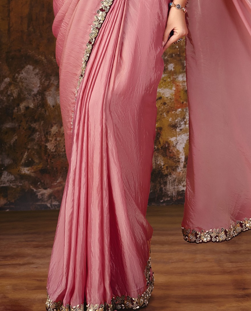27111 - Peachy Pink Embroidered Wedding Party Designer Saree